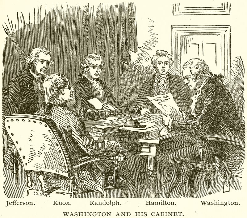 Washington e il suo gabinetto. Jefferson. Knox. Randolph. Hamilton. Washington da English School