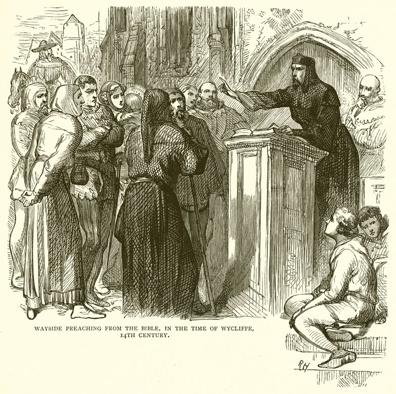 Predicazione lungo la strada dalla Bibbia, al tempo di Wycliffe, XIV secolo da English School