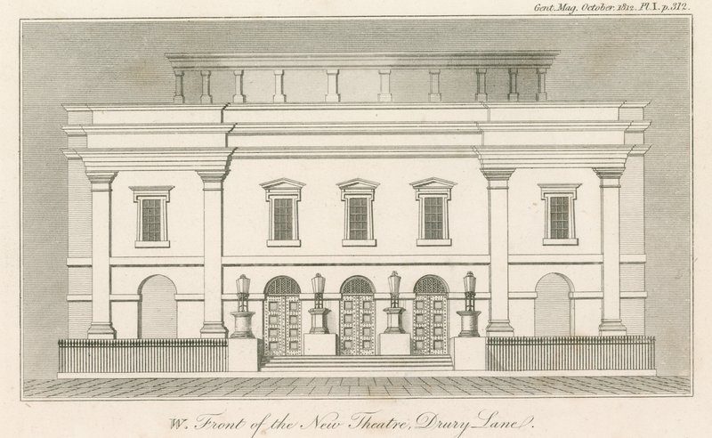 Facciata ovest del nuovo Drury Lane Theatre, Londra da English School