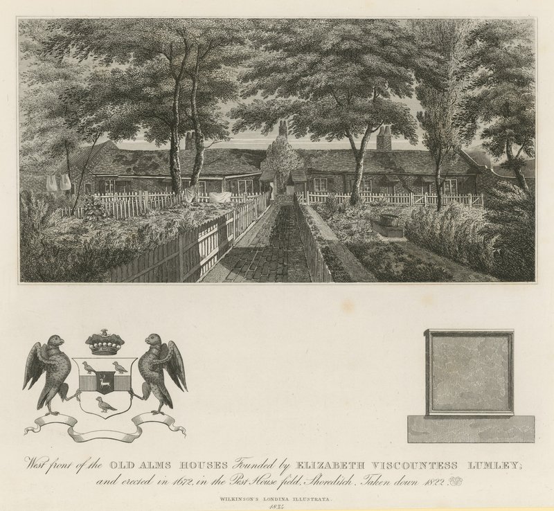 Fronte ovest delle vecchie case di elemosina fondate da Elizabeth Viscontea Lumley (incisione) da English School