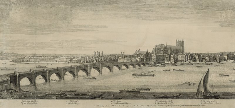 Ponte di Westminster, Londra, visto dalla casa dello zucchero del signor Scheves, di fronte a York House da English School