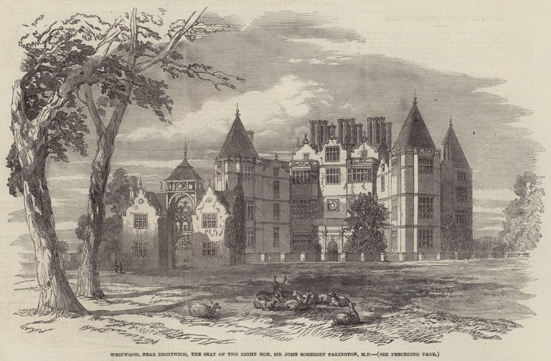 Westwood, vicino a Droitwich, la residenza del Right Honourable Sir John Somerset Pakington, MP (incisione) da English School
