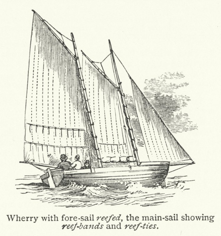 Wherry con la vela di prua terzarolata, la vela principale con le bande e i tiranti di terzaroli (incisione) da English School