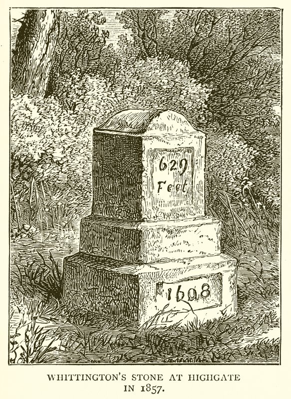 La pietra di Whittington a Highgate nel 1857 da English School