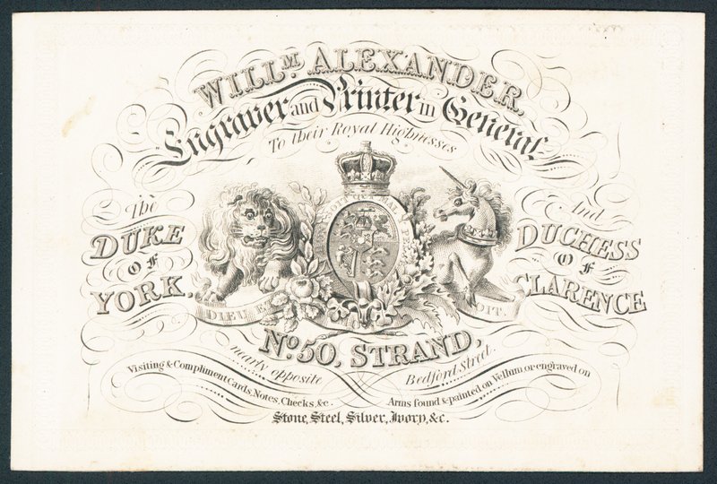 William Alexander, incisore e stampatore generale per le loro altezze reali, biglietto da visita da English School