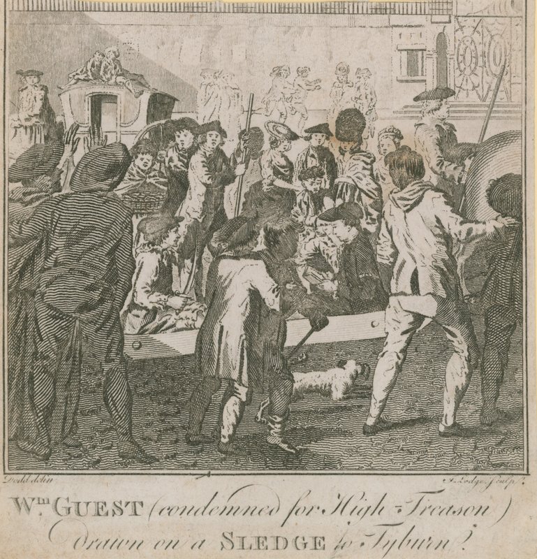 William Guest, condannato per alto tradimento, trascinato su una slitta a Tyburn da English School