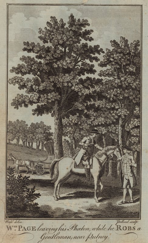 William Page lascia il suo Phaeton mentre deruba un gentiluomo vicino a Putney da English School