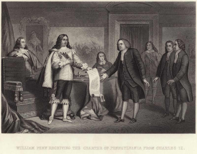 William Penn riceve la Carta della Pennsylvania da Carlo II da English School