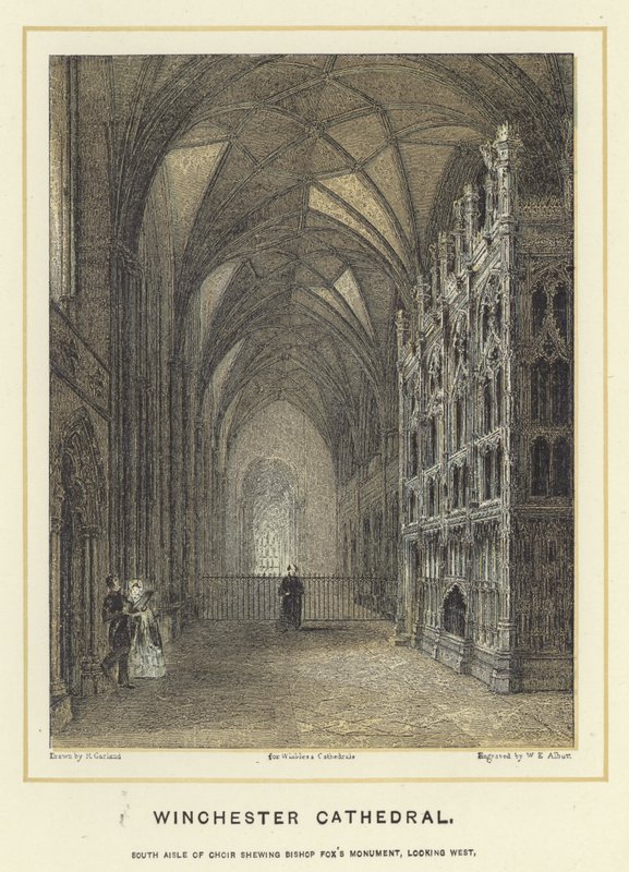 Cattedrale di Winchester, navata sud del coro che mostra il Monumento del Vescovo Fox, guardando a ovest da English School