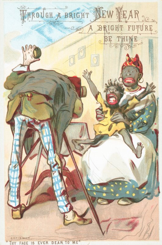 Donna e bambino che fanno una fotografia, cartolina di Capodanno da English School