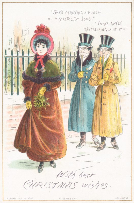 Donna che porta un mazzo di vischio, cartolina di Natale da English School