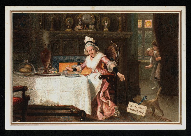 Donna che prende il tè con il suo gatto, biglietto di auguri di Natale da English School