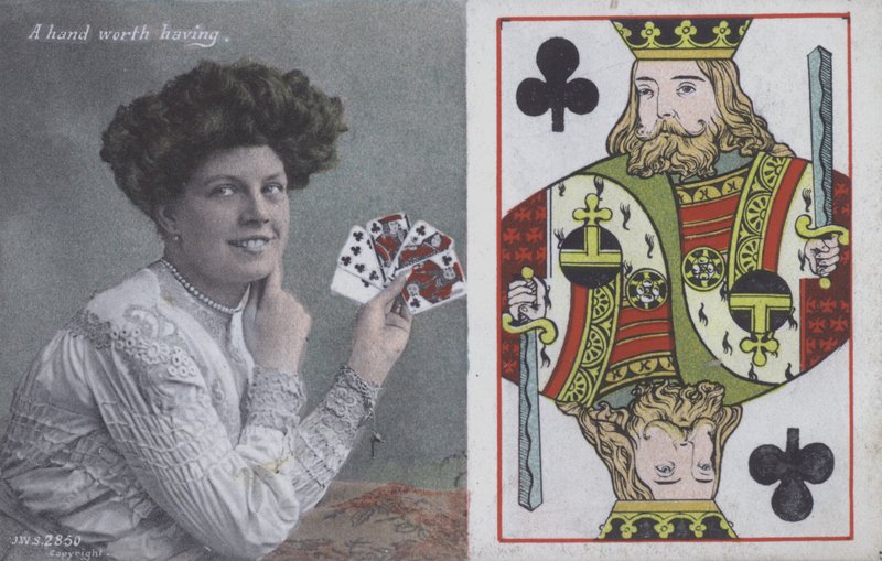 Donna con carte da gioco e il Re di Fiori (litografia a colori) da English School
