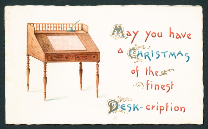 Scrivania di legno, biglietto di Natale da English School