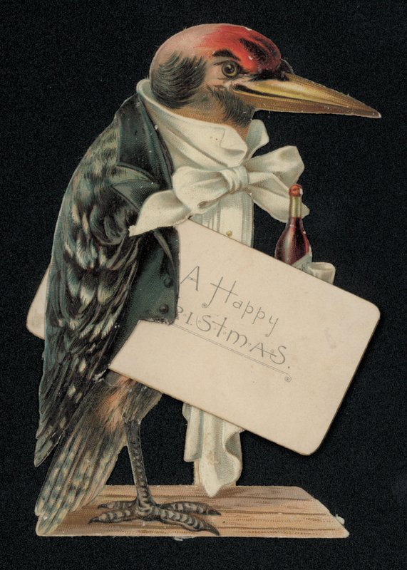 Picchio vestito da cameriere, biglietto di auguri di Natale da English School