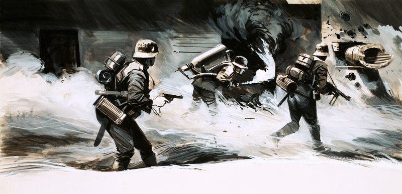 Soldati della Seconda Guerra Mondiale attaccano un bunker con un lanciafiamme da English School