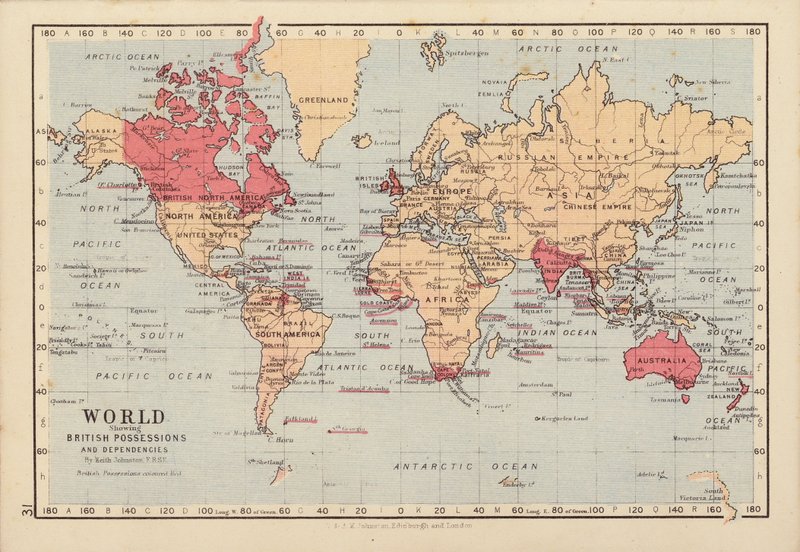 Mondo che mostra i possedimenti e le dipendenze britanniche da English School