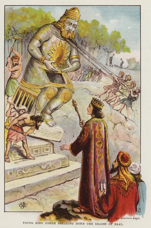 Il giovane re Giosia che abbatte le immagini di Baal (litografia a colori) da English School