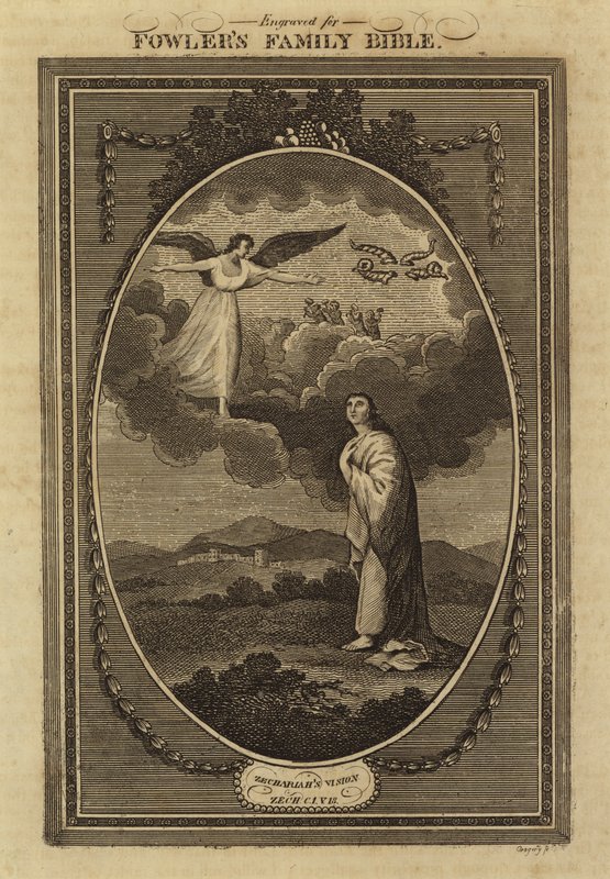 Visione di Zaccaria, Zaccaria, Capitolo 1, Versetto 18 (incisione) da English School