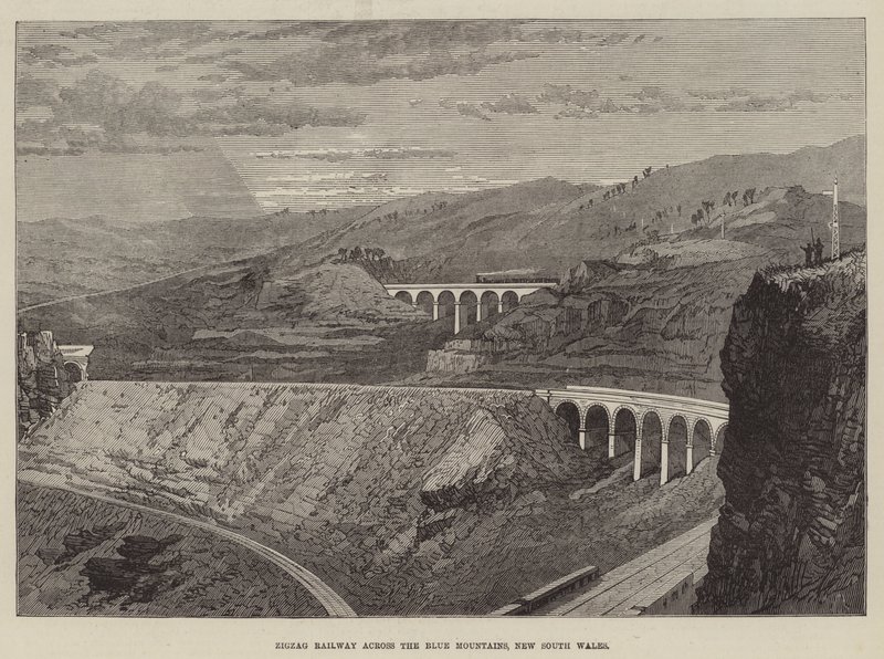 Ferrovia a zigzag attraverso le Blue Mountains, Nuovo Galles del Sud (incisione) da English School
