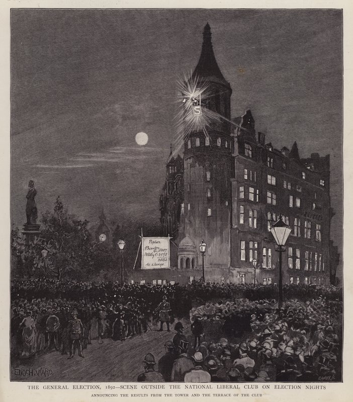 Annuncio dei risultati delle elezioni generali del 1892 dal Liberal Club, Westminster, Londra da Enoch Ward