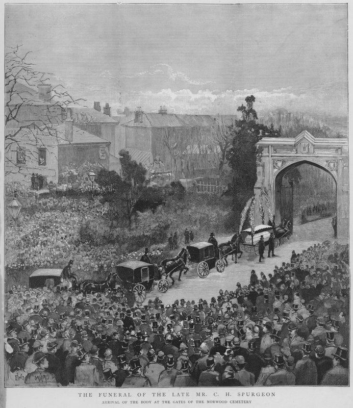 Processione funebre che trasporta il corpo del predicatore battista inglese Charles Haddon Spurgeon arrivando ai cancelli del Cimitero di Norwood, Londra da Enoch Ward