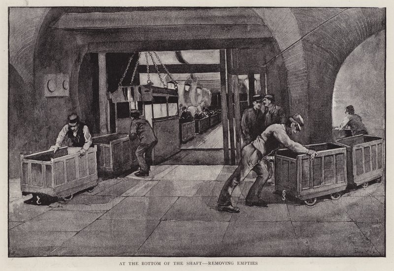 Rimozione dei vagoni vuoti di carbone in fondo a un pozzo minerario da Enoch Ward