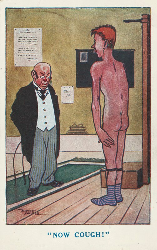Dottore che chiede a un uomo nudo di tossire durante una visita medica (litografia a colori) da Ernest (after) Noble
