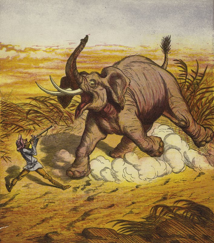 Jim Bold che caccia un elefante da Ernest Henry Griset