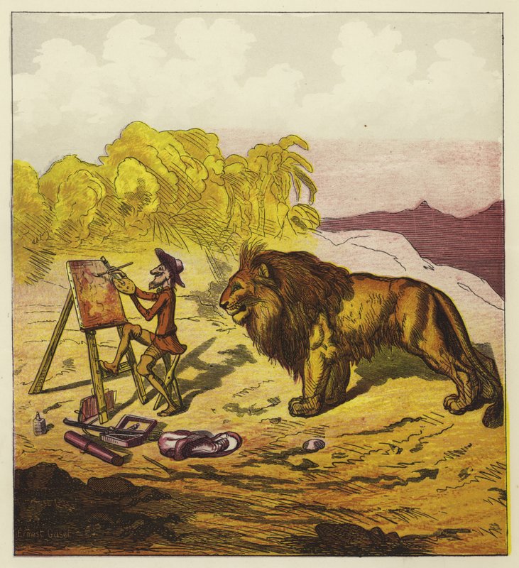John Bold sorpreso da un leone mentre dipinge da Ernest Henry Griset