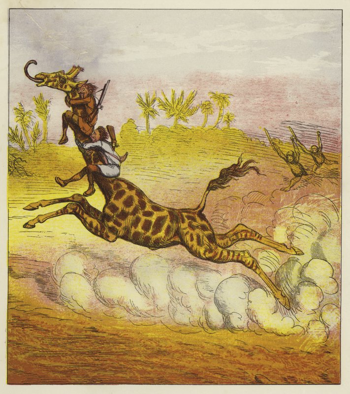 I fratelli audaci sfuggono ai gorilla cavalcando una giraffa da Ernest Henry Griset