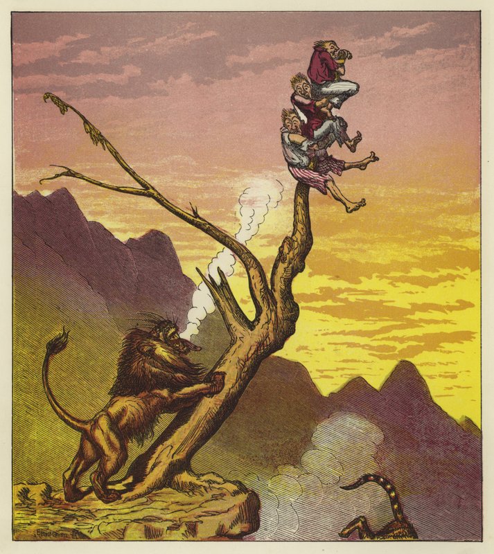 I tre marinai sfuggono a un leone arrampicandosi su un albero da Ernest Henry Griset