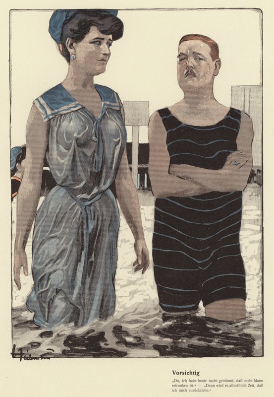 Uomo e la sua amante sposata che fanno il bagno (litografia a colori) da Ernst (after) Heilemann