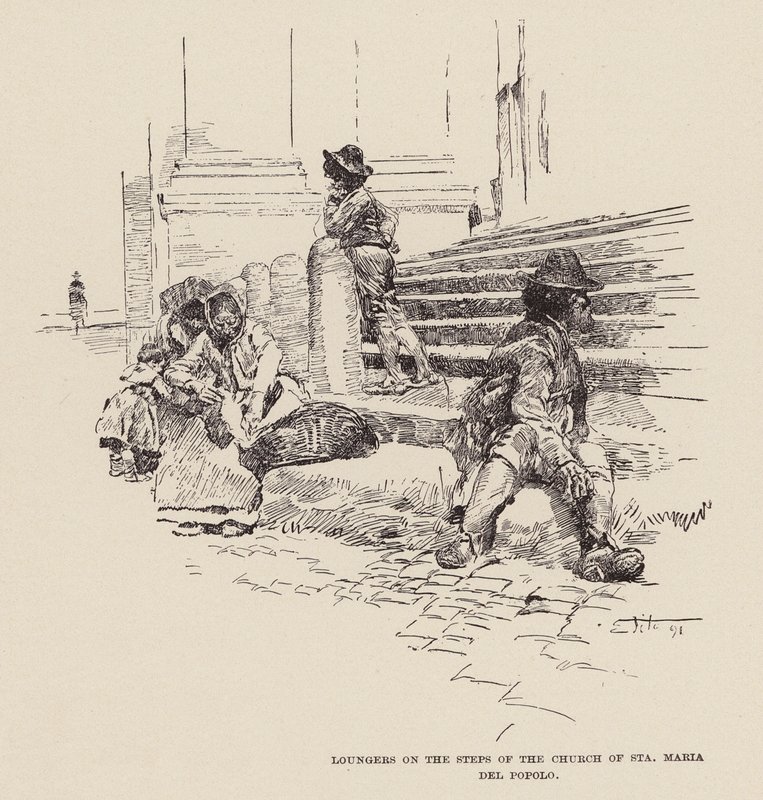 Persone sui gradini della Chiesa di Santa Maria del Popolo (incisione) da Ettore Tito