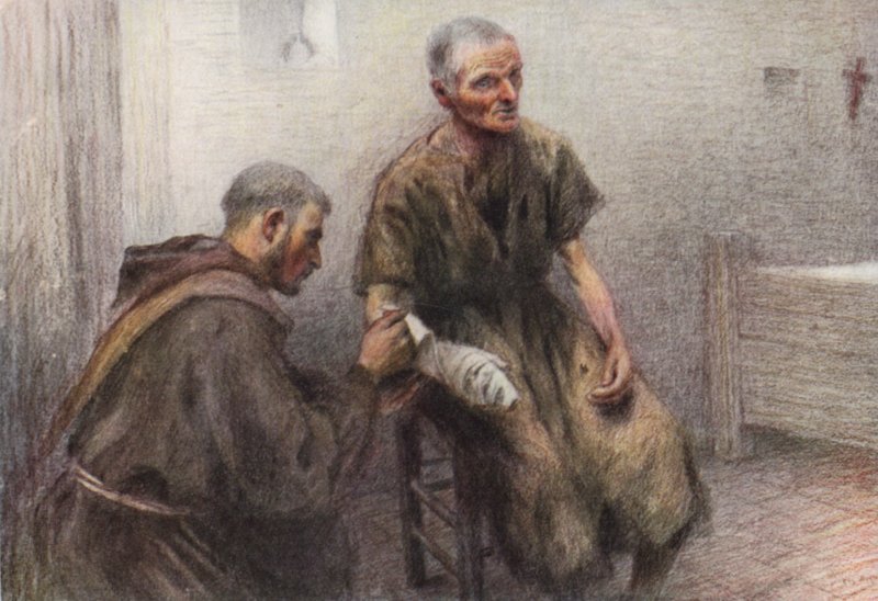 Frate Bentivoglia cura un lebbroso da Eugene (after) Burnand