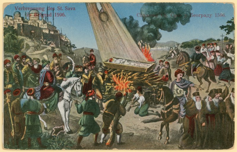Turchi ottomani che bruciano i resti di San Sava come punizione per una rivolta dei serbi, Belgrado, 1596 da European School