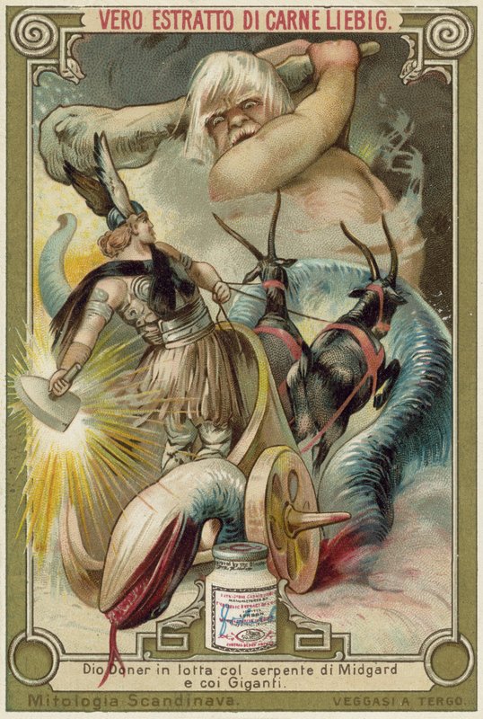 Il dio Thor che combatte il serpente di Midgard e i giganti da European School