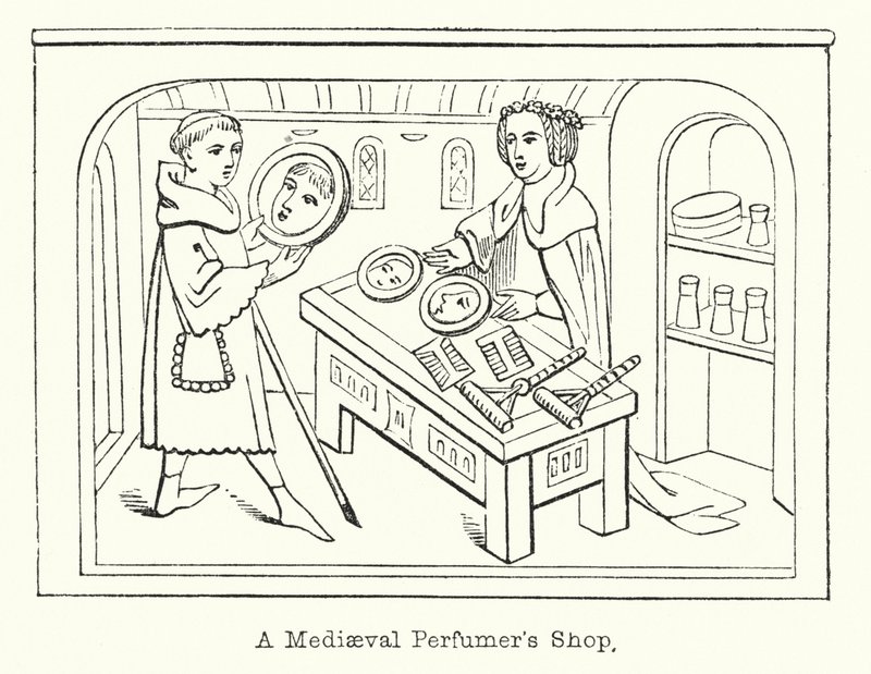 Negozio di profumiere medievale (incisione) da European School