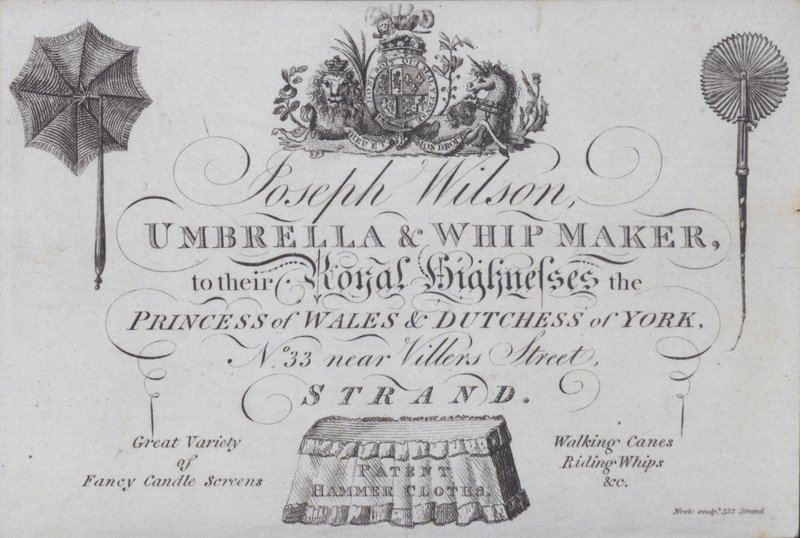 Pubblicità per Joseph Wilson, fabbricante di ombrelli e fruste, Londra da European School