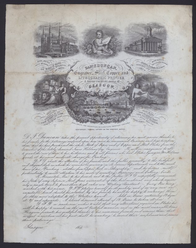 Pubblicità per incisore e stampatore litografico, Daniel F Duncan di Glasgow da European School