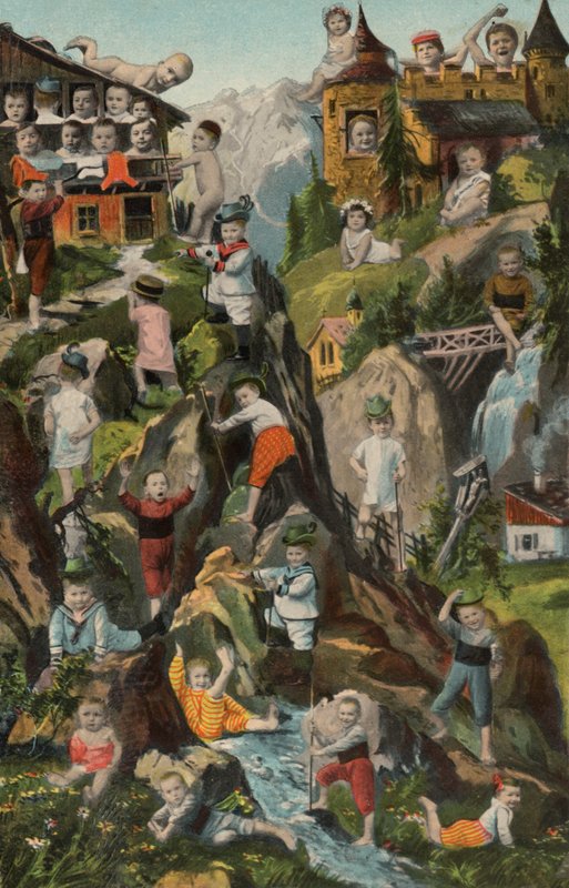 Neonati in montagna (litografia a colori) da European School