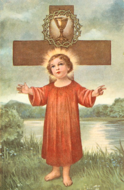 Cristo Bambino, Croce, Corona di Spine e Calice della Comunione (litografia a colori) da European School