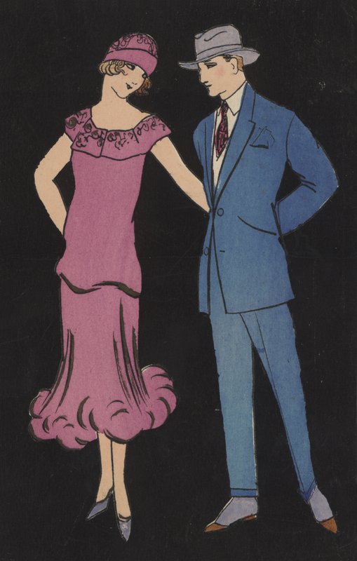 Coppia in abito alla moda (litografia a colori) da European School