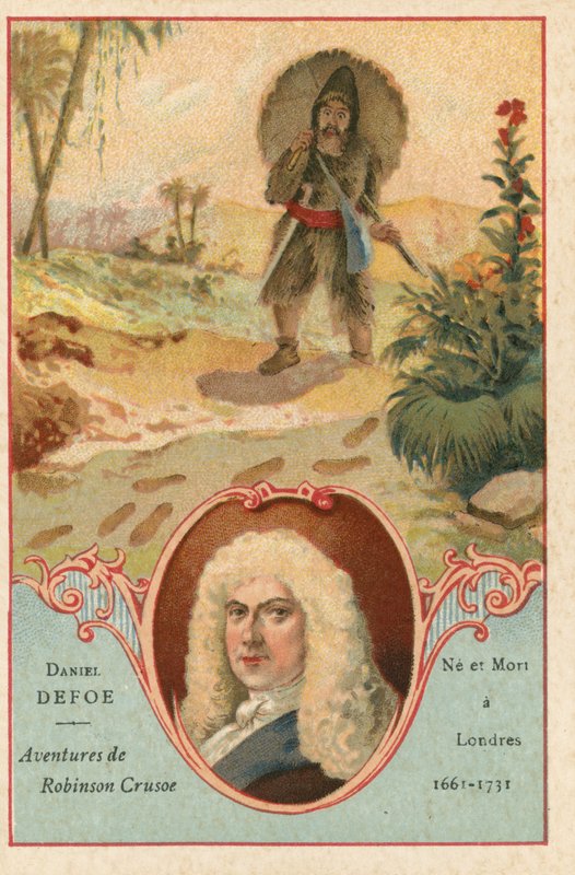 Daniel Defoe, romanziere inglese, e una scena da Robinson Crusoe da European School