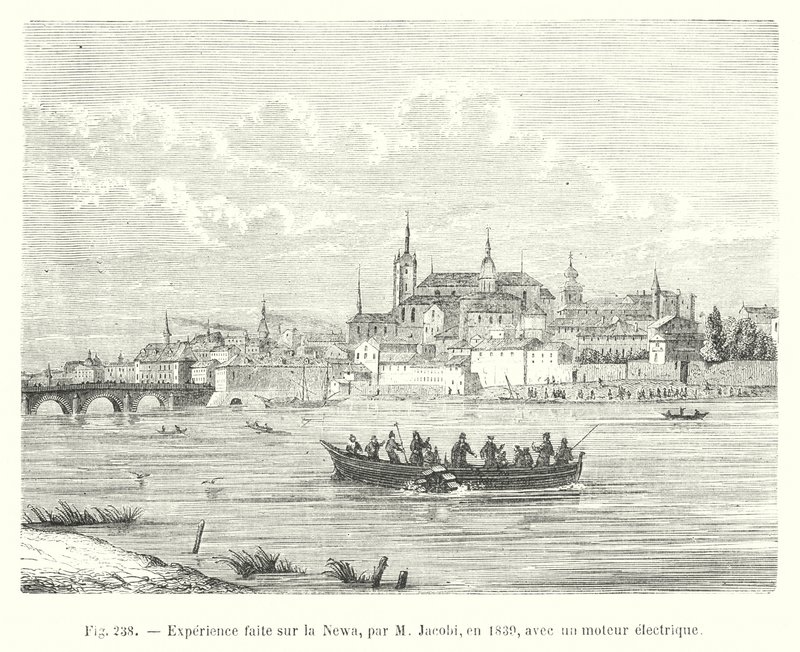 Experience faite sur la Newa, par M Jacobi, en 1839, avec un moteur electrique (incisione) da European School
