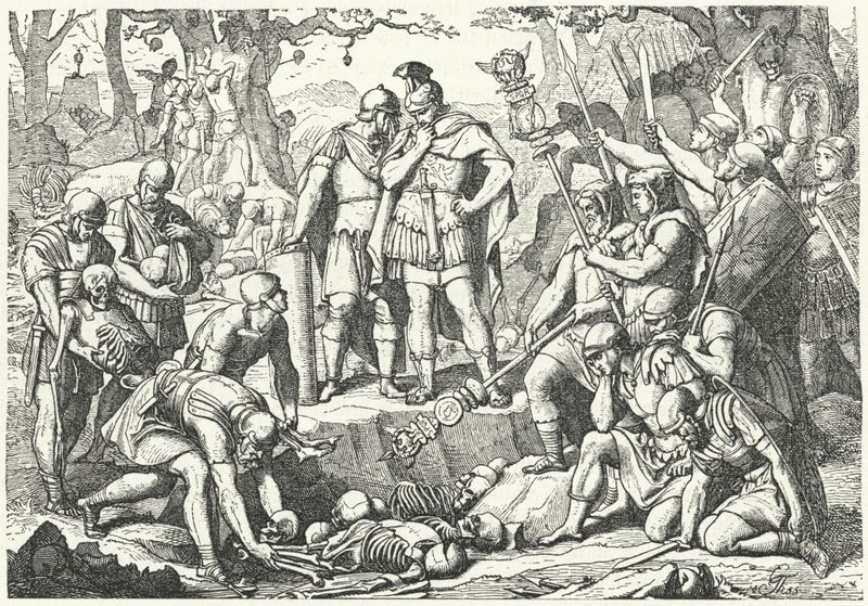 Germanico che seppellisce le ossa dei soldati delle tre legioni romane comandate da Publio Quintilio Varo distrutte dai Germani nella battaglia della Foresta di Teutoburgo nel 9 a.C. da European School