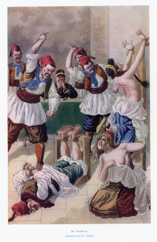 Nella casa del castigo: due donne e un uomo vengono picchiati (litografia a colori) da European School
