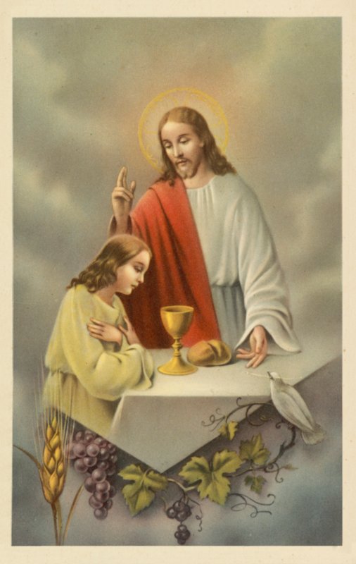 Gesù Cristo benedice una ragazza che fa la comunione (litografia a colori) da European School