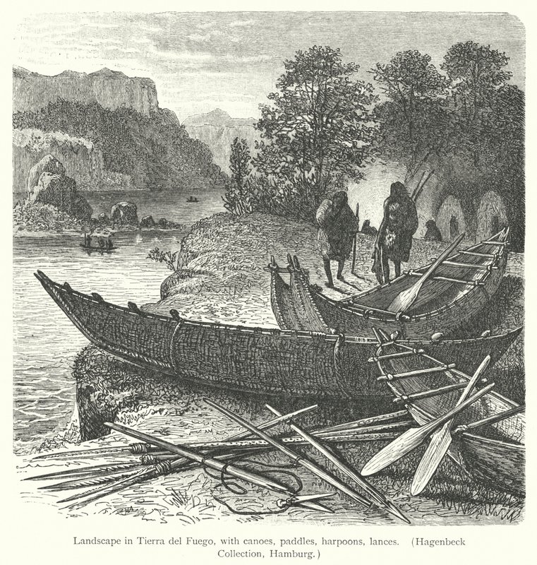Paesaggio nella Terra del Fuoco, con canoe, pagaie, arpioni, lance da European School