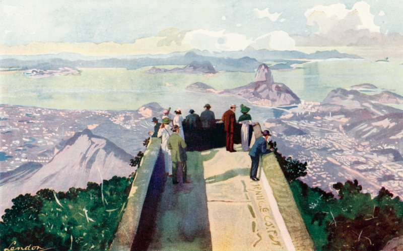 Guardando verso il basso dal margine orientale del picco del Corcovado, a 2.300 piedi (litografia a colori) da European School